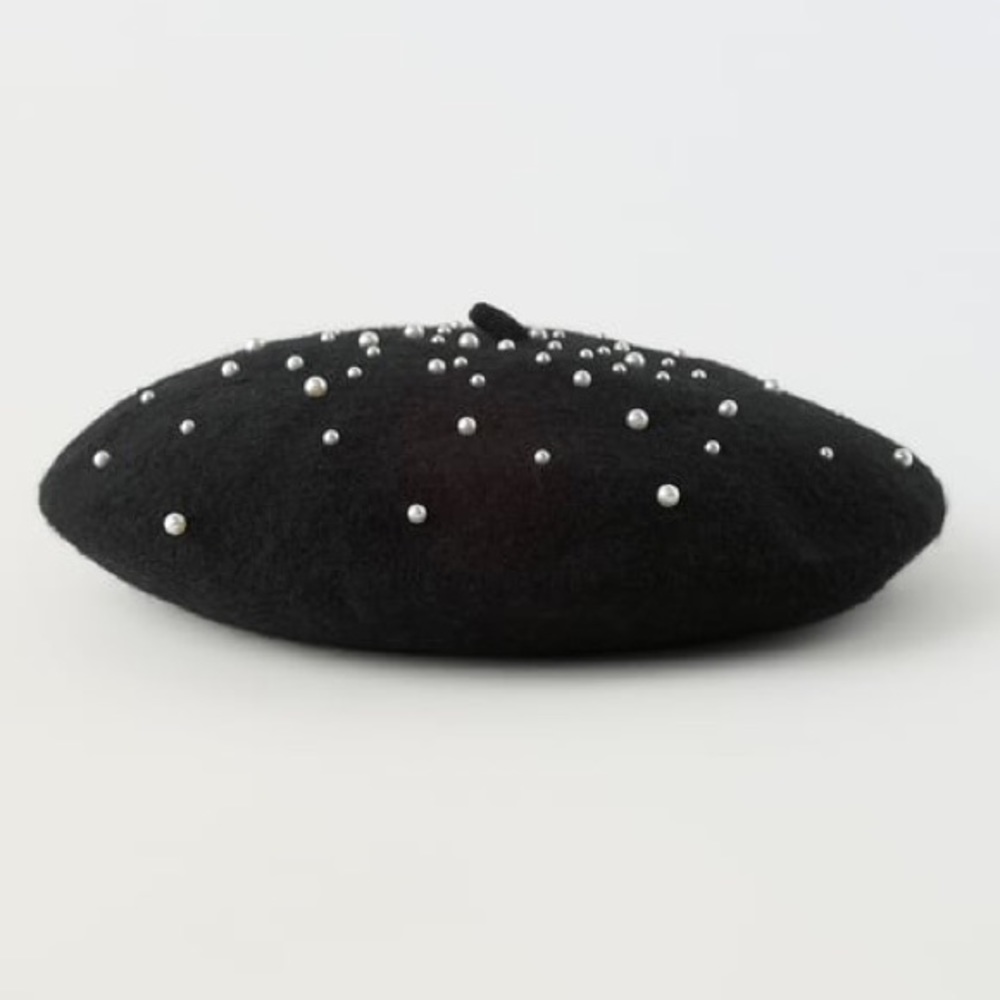 NWT Zara 100% Wool Beret With Faux Pearls Hat Black Size 10 - 14 S